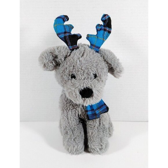 Gitzy Gray Puppy Dog Christmas Plush w/Reindeer Ears & Scarf Stuffed Animal 2019 - Picture 1 of 4
